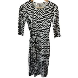 Diane Von Fransterburg 100% Silk Black White Geo Print 3/4 Sleeve Dress XS
